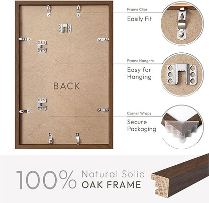 11x17 Oak Picture Frame, Solid Oak 11x17 Poster Frame with Mat to 8x12(Openning Size is 7.5x11.5), Natural Wood 17x11 Frames for Wall, (Walnut Set of 3)