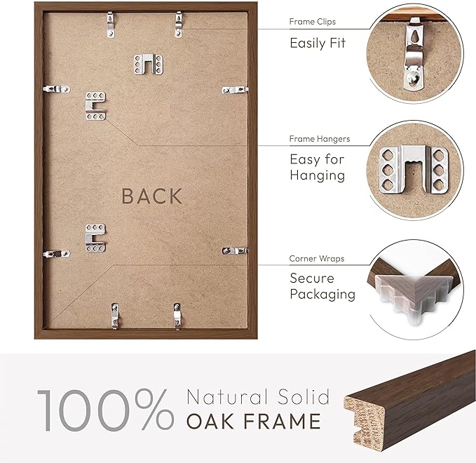 11x17 Oak Picture Frame, Solid Oak 11x17 Poster Frame with Mat to 8x12(Openning Size is 7.5x11.5), Natural Wood 17x11 Frames for Wall, (Walnut Set of 1)