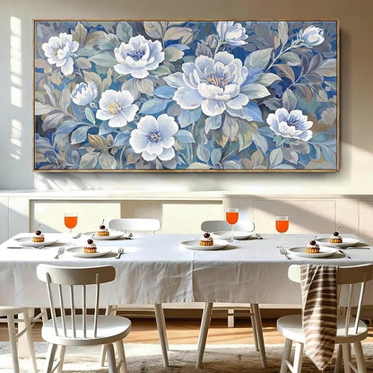 Large Framed Blue Gray And White Plant Wall Art For Living Room, Natural Plant Canvas Print Paintings Artwork For Walls, Elegant Floral Pictures For Bedroom Kitchen And Lounge Wall Decor58X29 In