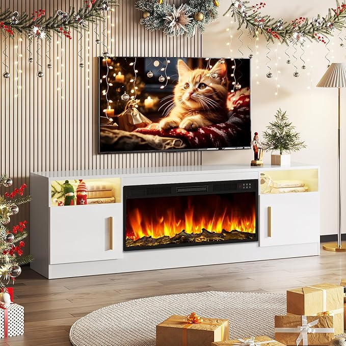 TAVATA Fireplace TV Stand Entertainment Center with 36" Fireplace, 70" Wooden TV Stand for TVs Up to 80", Media TV Console with High Gloss Storage Cabinet and 16 Colors LED Lights (White)