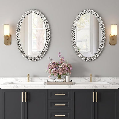 SHYFOY Oval Wall Mirrors Decorative, 23.6x35.4 Ornate Accent Mirror Crystal Frameless Mirror Jeweled Mirrors for Living Room Bedroom Entryway Wall Decor