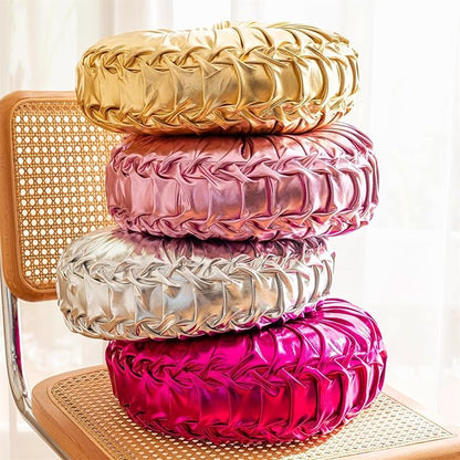 Round Throw Pillows, Soft Spandex Fabric Pumpkin Pleated Handmade Metallic Decorative Throw Pillows Floor Pillows Cushion for Sofa Couch Bedroom Living Room Chair, Rose Red ﻿