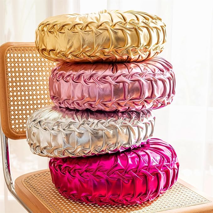 Gold Round Throw Pillows, Soft Spandex Fabric Pumpkin Pleated Handmade Metallic Decorative Throw Pillows Floor Pillows Cushion for Sofa Couch Bed Living Room Chair Decoration
