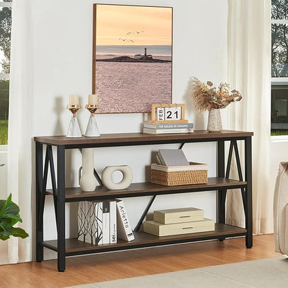 HOMISSUE Entryway Console Table, Rustic Couch with Wide Storage, Industrial Sofa Tables with 3-Tier Open Shelves, Entryway Table for Living Room, Hallway, Brown, 55 Inch
