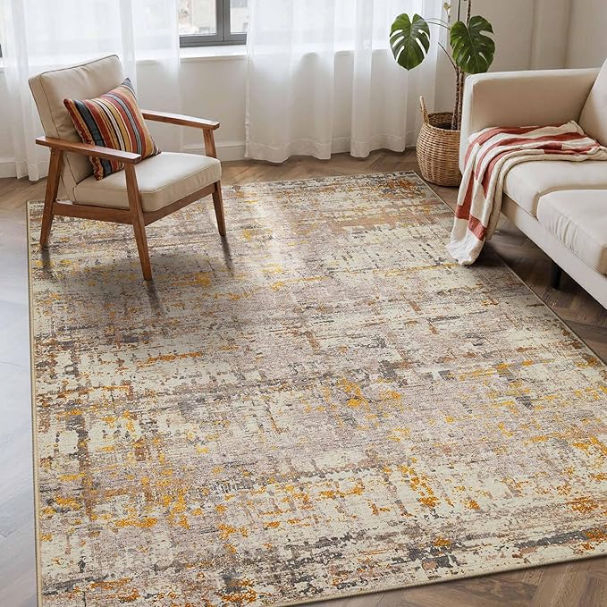 Rugxara 4x6 Rug for Living Room Bedroom, Grey Washable Throw Rugs, Abstract Area Rugs, Non Slip & Low Pile Accent Carpet for Indoor Dining Room, Kids Room and Office(Beige Gold 4x6ft)