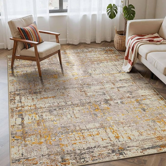 Rugxara 4x6 Rug for Living Room Bedroom, Grey Washable Throw Rugs, Abstract Area Rugs, Non Slip & Low Pile Accent Carpet for Indoor Dining Room, Kids Room and Office(Beige Gold 4x6ft)