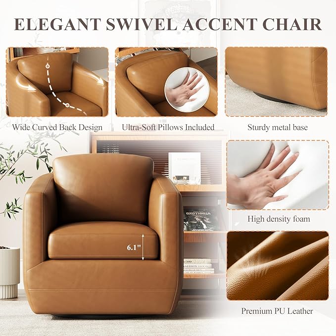 MALOL 360° Swivel Accent Chair- Comfy Living Room Armchair No-Sag Foam & Sturdy Metal Base with Pillow, Fully Assembled Swivel Accent Single Sofa for Bedroom, Office, Brown