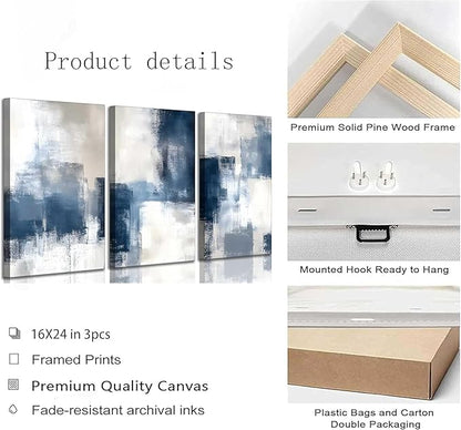 3 Pcs Navy Blue Abstract Canvas Wall Art Modern Minimalist Neutral Blue and Grey Paintings Pictures Wall Decor Poster Print Artwork for Living Room Bedroom Office Home Decoration