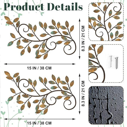 ESTART 2 Pieces Metal Tree Leaf Wall Decor Vine Olive Branch Leaf Wall Art Ornament Wall Hanging Sign for above Door, Living Room, Bathroom, Office, Indoor and Outdoor Decoration (Rusty Color)