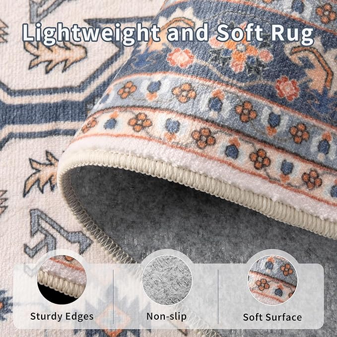 Tangsoo Vintage 4x6 Rug for Living Room,Machine Washable Indoor Area Rug Blue Beige Mat,Soft Low Pile Carpet for Front Porch Dining Room Patio Bedroom Office Decor