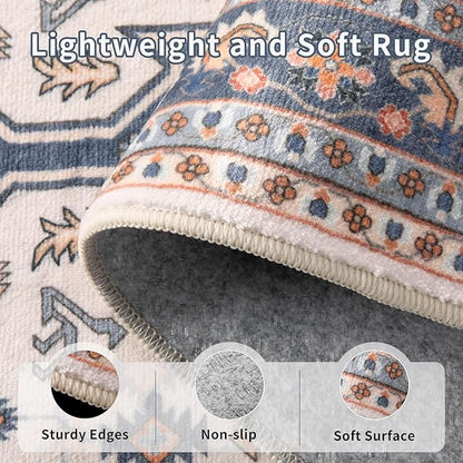 Tangsoo Vintage 2x3 Entry Washable Rug for Entryway,Indoor Door Rug Small Throw Mat Blue Beige Low Pile Soft Entryway Carpet for Front Porch Entrance Kitchen