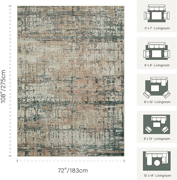 Rugxara 6x9 Washable Area Rug for Living Room, Modern Abstract Large Boho Rugs for Office, Dining Room, Kids Room, Farmhouse, Durable Low Pile Non Slip Carpet for High Traffic Areas, Moss
