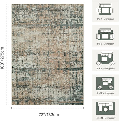 Rugxara 6x9 Washable Area Rug for Living Room, Modern Abstract Large Boho Rugs for Office, Dining Room, Kids Room, Farmhouse, Durable Low Pile Non Slip Carpet for High Traffic Areas, Moss