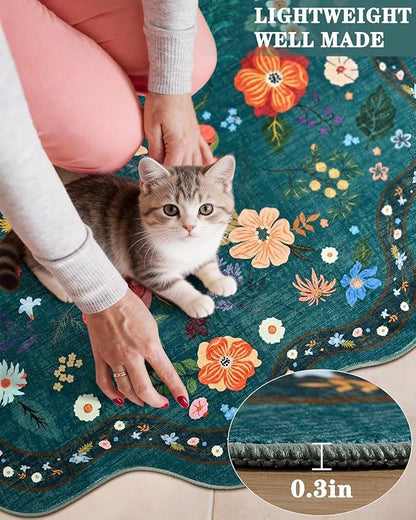 Macgace Dark Green Round Rug for Girls Bedroom, 4ft Machine Washable Floral Area Rugs with Non Slip Backing, Cute Flower Carpet Kitchen Living Room Kids Playroom Decor