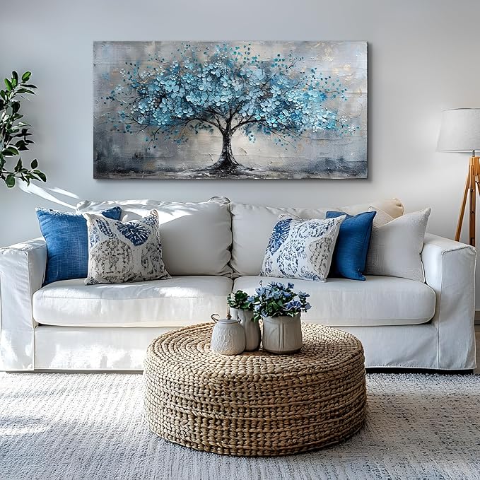 crmotu Tree of Life Large Wall Art for Living Room, Cherry Blossom Abstract Canvas Art Prints, Blue Flowers Tree Pictures Wall Decor, Nature Plant Modern Bedroom Bathroom Office Decor 29"X57"
