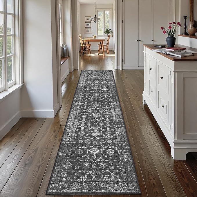 2.6x10 Black Runner Rug Hallway Washable Area Rugs Kitchen Vintage Boho Non Slip Long Rug Floral Carpet Indoor Retro Soft Low Pile Throw Rug for Bedroom Bathroom Laundry Dining Living Room Office