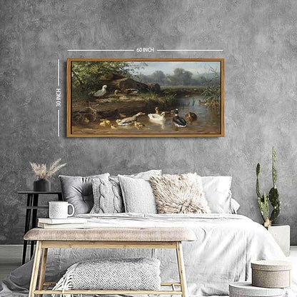 Framed Vintage Animal Wall Art Countryside Duck Wall Decor Rustic Duck Scenic Picture Canvas Prints Painting Abstract Nature Funny Poster Artwork for Living Room Bedroom Office Home Decorations 30x57.8"