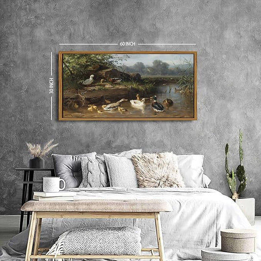 Framed Vintage Animal Wall Art Countryside Duck Wall Decor Rustic Duck Scenic Picture Canvas Prints Painting Abstract Nature Funny Poster Artwork for Living Room Bedroom Office Home Decorations 30x57.8"