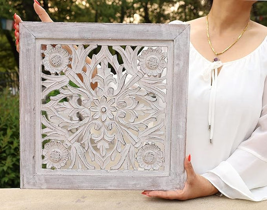 DharmaObjects Handcrafted Lotus Wood Wall Panel Decor Hanging Art 16" X 16" (White Washed)