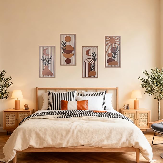 Orange Boho Wall Art Set of 4, Abstract Geometric Wooden Terracotta Wall Decor, Mid-Century Modern Aesthetic Artwork with Arch, Vase & Botanical Design for Modern Home Decor for Bedroom, Office & Living Room(B)
