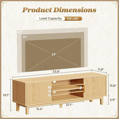 PRAISUN 54 Inch TV Stand for 50, 55 Inch TV, Fluted Entertainment Center with 2 Cabinets, TV Consoles for Living Room, 3-Level Adjustable Shelf, 4 Cable Holes, Meida Console, Natural