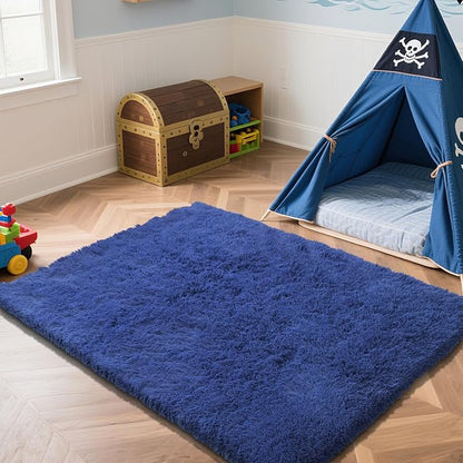 Blue Fluffy Rug Shag Area Rug, 6x9 Area Rugs for Girls Bedroom, Big Soft Shag Bedside Non-Slip Plush Dorm Nursery Kids Carpet Home Decor Aesthetic