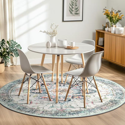BESTSWEETIE 4ft Area Rug Washable Rugs for Living Room, No Pile Boho Carpet for Entryway Bedroom Dinning Room, Vintage Carpet Print Distressed Non-Slip, 48" Round, Multi Navy Teal