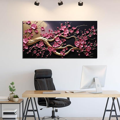 Ouzzlie Pink Wall Art for Living Room Large Plum Blossom Tree Picture Wall Decor Flower Canvas Art Print Black Artwork for Bedroom Office 29" x 59"