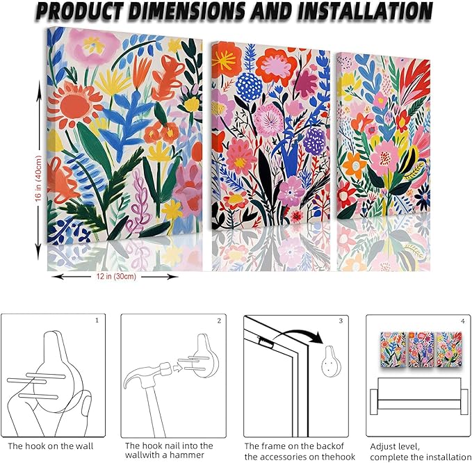 TBKHUDBI Henri Matisse Wall Art Colorful Floral Painting Canvas Prints Set of 3 Flower Market Poster Pictures Watercolor Wall Decor for Nursery Living Room Bedroom Bathroom 12"x16" Framed