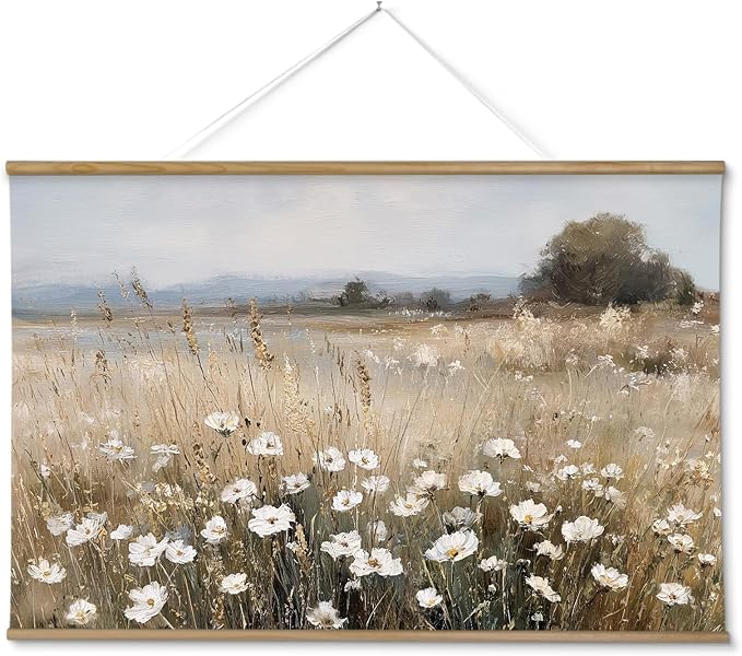 ARPEOTCY Extra Large Vintage Framed Wall Art, 36x54 Inch Wildflower Field Floral Landscape Hanging Canvas Prints Scroll Wall Art Decor for Living Room Bedroom, Retro Scenery Pictures Above of Bed