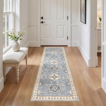 EIEIHOUSE Washable 2x6 Runner Rug - Area Rugs Neutral Vintage Distressed Floral Farmhouse Boho Large Soft Floor Rug Indoor Carpet for Hallway Entryway Bedroom Kitchen - Blue