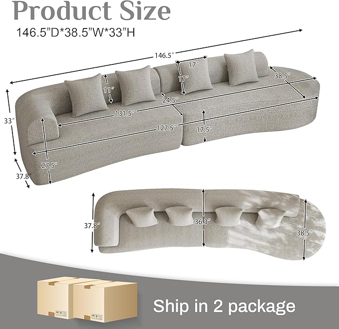 147" Oversized Sectional Sofa for Living Room, Modern Luxury Plush Chenille 4-Seater Extra Deep & Wide Seat Curved Cloud Couch with 4 Throw Pillows, No Assembly Needed, Light Grey