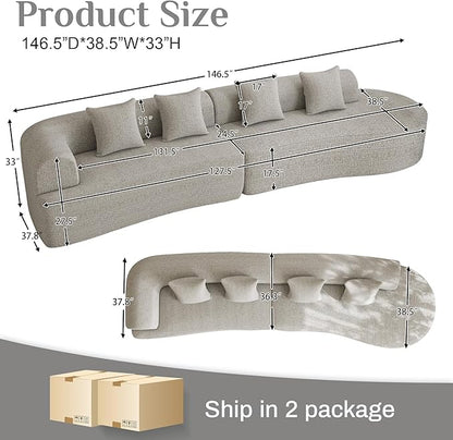 147" Oversized Sectional Sofa for Living Room, Modern Luxury Plush Chenille 4-Seater Extra Deep & Wide Seat Curved Cloud Couch with 4 Throw Pillows, No Assembly Needed, Light Grey