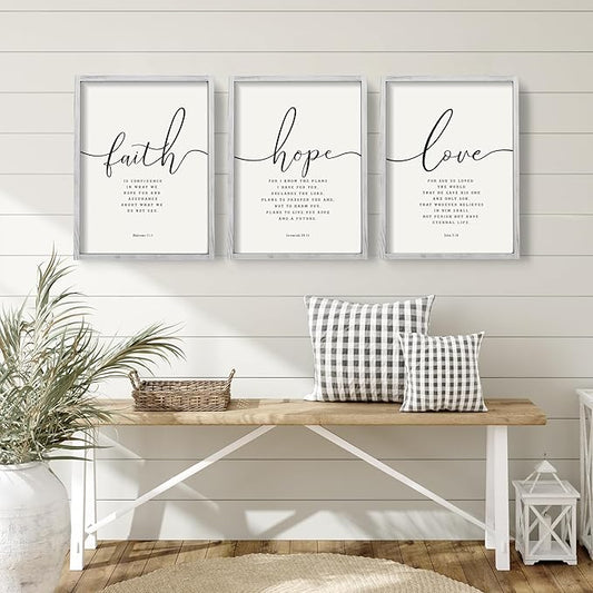 Houmury Set of 3 Framed Farmhouse Bible Verses Wall Decor Sign 11”x14” Christian Faith Scripture Wall Art for Home Living Room Bedroom Wall Decor (11"x14" Grey)