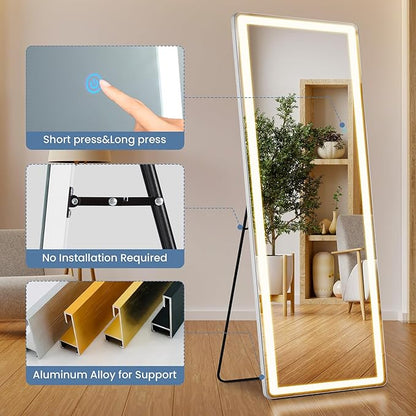 DUMOS 26"×71" LED Full Length Mirror with Lights, Lighted Floor Full Body Mirror with 3 Color Lighting, Wall Mounted Stand Mirror for Bedroom, Dressing Room, Living Room, Bathroom