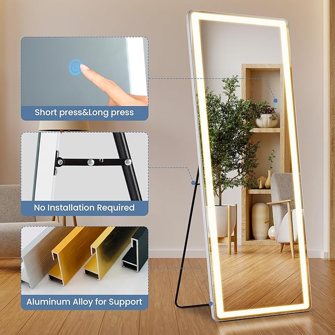 DUMOS LED Full Length Mirror, 26"×70" Full Body Floor Standing Mirror with 3 Color Lights & Wall Mounted for Bedroom, Dressing Room, Living Room, Bathroom