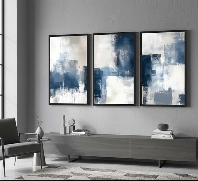 Devatz 3 Pcs Navy Blue Abstract Poster Wall Art Modern Minimalist Neutral Blue and Grey Paintings Pictures Wall Decor Print Artwork for Living Room Bedroom Office Home Decoration Unframed