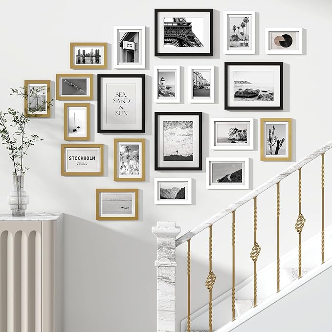 Venusmiles 20 Pack Picture Frames Collage Wall Decor, Gallery Frame Set for Wall Mounting or Tabletop Display, Multi Sizes Including 4pcs 8x10, 8pcs 5x7, 8pcs 4x6, Black+White+Gold