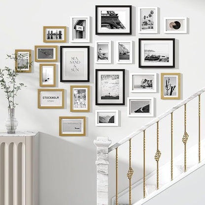 Venusmiles 20 Pack Picture Frames Collage Wall Decor, Gallery Frame Set for Wall Mounting or Tabletop Display, Multi Sizes Including 4pcs 8x10, 8pcs 5x7, 8pcs 4x6, Black+White+Gold