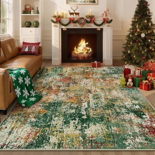 RELEANY Washable Area Rugs 5'x8' Non-Slip Modern Abstract Soft for Living Room Entryway Bedroom Nursery, Print Pattern, Green Orange Rust Red Cream Colorful