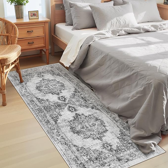 Area Rug 2x6 Runner Rugs: Washable Vintage Hallway Rug Indoor Medallion Rugs Low Pile Distressed Floor Carpet Retro Accent Rug for Kitchen Bedroom Bathroom Dining Room(Black, 2'x6')