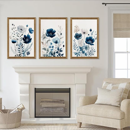 DUWQU 3 Pieces Blue Floral Canvas Wall Art, Wood Framed Navy Blue Wildflower Lily Daisy Wall Decor, Watercolor Botanical Flower Home Poster Art Prints for Living Room Bedroom Bathroom 20×30 Inches