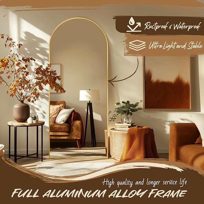 Antok Arched Full Length Mirror, 56"x14" Gold Metal Frame Floor Mirror for Bedroom Living Room, Freestanding/Wall Mount/Leaning