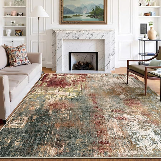 RELEANY Washable Area Rugs 9'x12' Non-Slip Modern Abstract Soft for Living Room Entryway Bedroom Nursery, Print Pattern, Brown Rust Red Green Blue Multi
