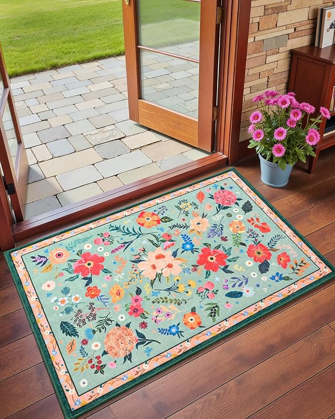 Macgace 2x3 Small Floral Rug for Entryway, Flowers Printed Washable Rugs with Non Slip Backing for Girls Bedroom Kitchen, Cute Throw Carpet Front Door Entry Decor, Light Green