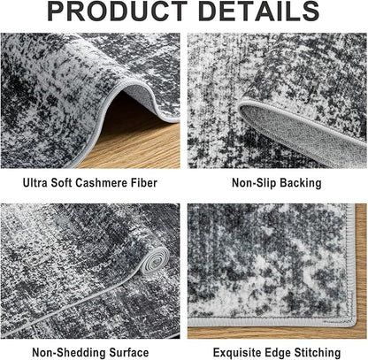 8x10 Area Rugs for Living Room - Washable Rug Modern Abstract Soft Large Neutral Non-Slip Carpet Indoor Floor Thin Carpets for Bedroom Dining Room Farmhouse Nursery Home Office Dark Black