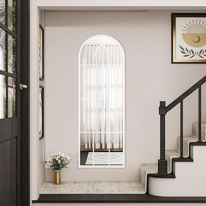 OGCAU Full Length Arched Floor Mirror, 65"x22" Window Pane Design, Decorative Hanging or Leaning, Full Body with Iron Frame for Bedroom Living Room (White)