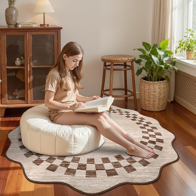 6ft Washable Round Rug for Entryway Modern Checkered Bedroom Circle Rug Non Slip Soft Dining Room Round Throw Carpet Large Stain Resistant Border Round Rugs for Living Room Kitchen Bathroom, Beige