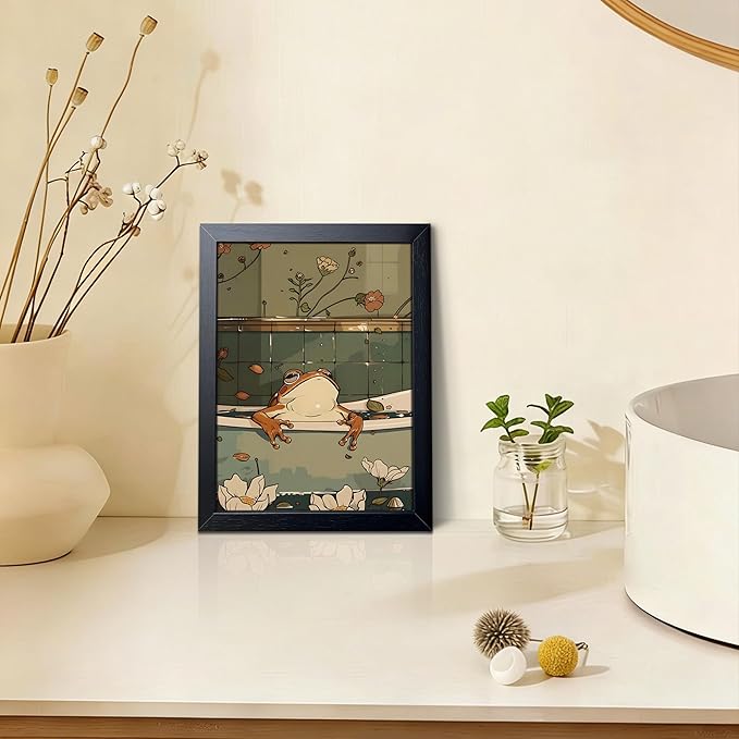 Funny Frog Bathroom Canvas Wall Art, Cute Japanese Frog in Toilet Wall Decor Painting, Whimsical Animal Restroom Canvas Prints Poster 8x10 Inch Framed