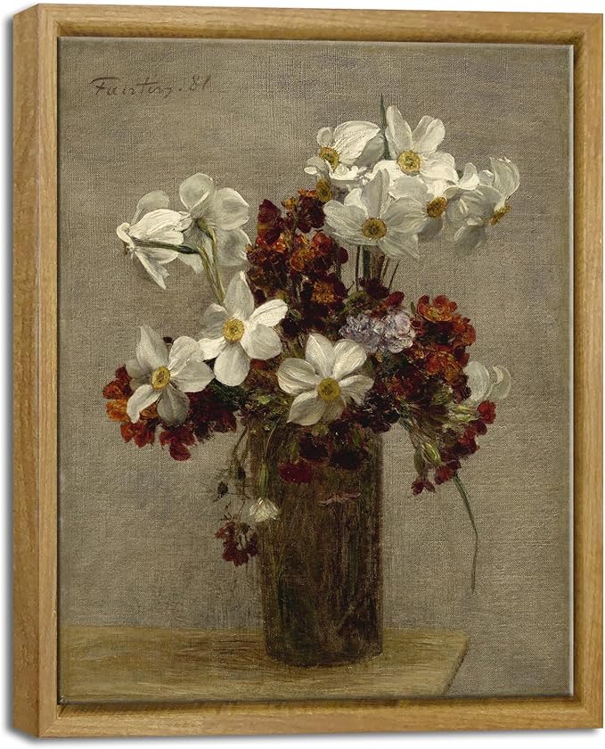 Pyradecor Vintage Wall Art Narcisses Flowers in Vase Artwork Retro Framed Wall Art Classical Floral Paintings Pictures for Living Room Bedroom Kitchen Decorations